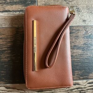 Steve Madden Tan Leather Zip Wristlet with Gold Accent